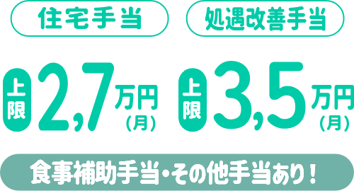 住居手当 上限27,000円（月）処遇改善手当 上限35,000円（月）食事補助手当その他各種手当等充実！