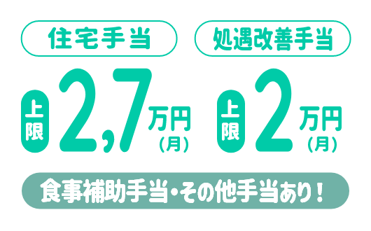 住居手当 上限27,000円（月）処遇改善手当 上限20,000円（月）食事補助手当その他各種手当等充実！
